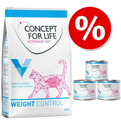 Concept for Life Veterinary Diet Weight Control cat food, 3kg bag and tins. Visible text: Reduced energy, high fibre content. Red percentage discount symbol shown.