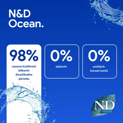 N&D Ocean. 98 % kvalitných živočíšnych bielkovín, 0 % obilnín, 0 % umelých konzervačných látok. N&D Ocean. 98 % kvalitných živočíšnych bielkovín, 0 % obilnín, 0 % umelých konzervačných látok.