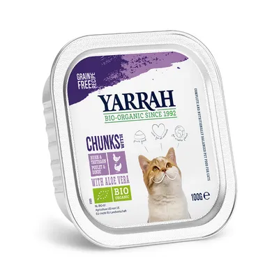 Yarrah Bio-Organic kattenvoer, 100 g. Chunks met kip & kalkoen, met aloë vera. Grain free recipe. NL-BIO-01, BIO Organic keurmerk zichtbaar op verpakking.