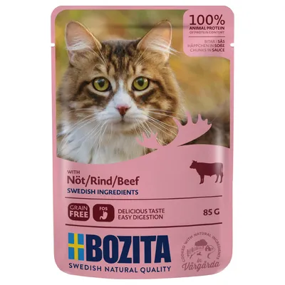 Bozita храна за котки с говеждо, 85g. 100% животински протеин, без зърнени храни, шведски съставки, лесно смилаема. Произведено във Vårgårda, Швеция.