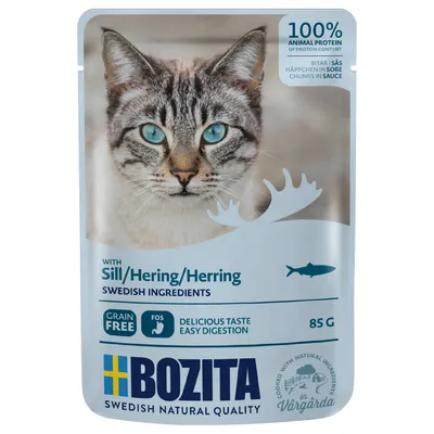 Bozita храна за котки с херинга, 100% животински протеин, без зърнени храни, шведски съставки, хапки в сос, 85g.