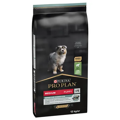 Purina Pro Plan Medium Puppy <1 Sensitive Digestion cu miel, conținut ridicat de proteine, fără coloranți adăugați, pachet de 12 kg.