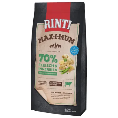Rinti Max-i-Mum hundefoder, 70% kød og indmad, rig på frisk kallun, med 30% grøntsager, kornfri, Frische Plus, 12 kg pakke.