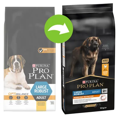 Due confezioni di Purina Pro Plan Large Robust Adult visibili, una vecchia e una nuova. Testo visibile: 'HIGH PROTEIN', 'NO ADDED COLOURANTS', 'EVERYDAY NUTRITION', '2+', '14 kg'.