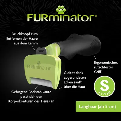 FURminator Langhaar S für 4,5-9 kg. Druckknopf zum Entfernen der Haare, gebogene Edelstahlkante passt sich Körperkonturen an, ergonomischer Griff, gleitet sanft über die Haut.