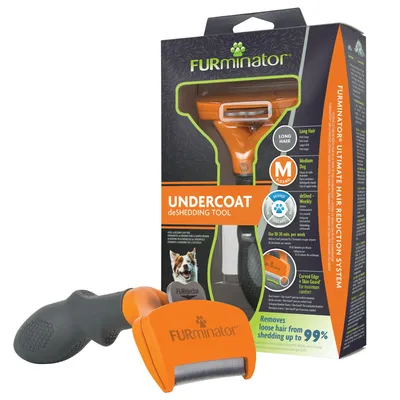 FURminator Undercoat deShedding Tool til mellemstore hunde 9–23 kg, lang pels. Fjerner op til 99 % løse hår. Orange og sort børste samt emballage med produktinformation.