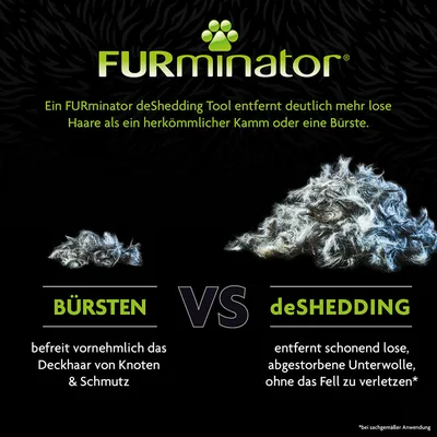 FURminator deShedding Tool entfernt mehr lose Haare als Bürsten. Vergleich: Bürsten befreien Deckhaar von Knoten & Schmutz, deShedding entfernt Unterwolle schonend ohne Fellverletzung.