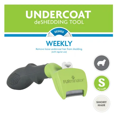 Herramienta Furminator Undercoat deShed para pelo corto, talla S 4,5–9 kg. Uso semanal recomendado. El texto está en inglés.