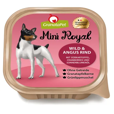 Упаковка GranataPet Mini Royal Wild & Angus Rind. Без зерна, гранатовые косточки, зелёная мидия. Сладкий картофель, клюква, подсолнечное масло. Сделано в Германии.