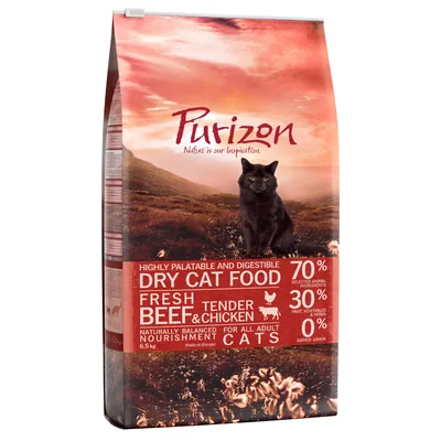 Purizon Dry Cat Food, Fresh Beef & Tender Chicken, 70 % selected animal ingredients, 30 % fruit, vegetables & herbs, 0 % added grain, 6,5 kg. Tekst på engelsk.
