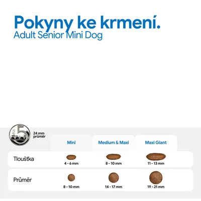 Pokyny na kŕmenie pre Adult Senior Mini Dog. Tabuľka s veľkosťami granúl: Mini 4–6 mm hrubé, 8–10 mm priemer; Medium & Maxi 8–10 mm hrubé, 14–17 mm priemer; Maxi Giant 11–13 mm hrubé, 19–21 mm priemer. Pokyny na kŕmenie pre Adult Senior Mini Dog. Tabuľka s veľkosťami granúl: Mini 4–6 mm hrubé, 8–10 mm priemer; Medium & Maxi 8–10 mm hrubé, 14–17 mm priemer; Maxi Giant 11–13 mm hrubé, 19–21 mm priemer.