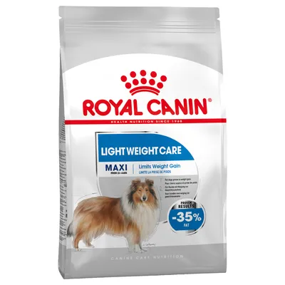 Royal Canin Light Weight Care Maxi, Limits Weight Gain, -35 % fat. Bild på långhårig hund på förpackningen.