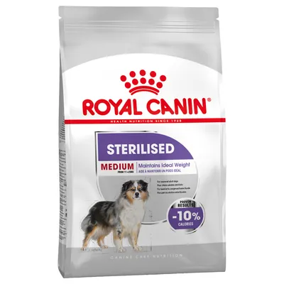 Royal Canin Sterilised Medium, pre sterilizovaných stredne veľkých psov 11-25 kg, podporuje ideálnu hmotnosť, preukázané výsledky: -10 % kalórií.