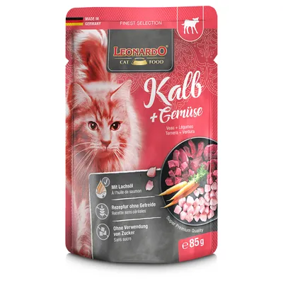 Leonardo Cat Food telecí + zelenina, s lososovým olejem, receptura bez obilovin, bez přidaného cukru, vyrobeno v Německu, 85g.