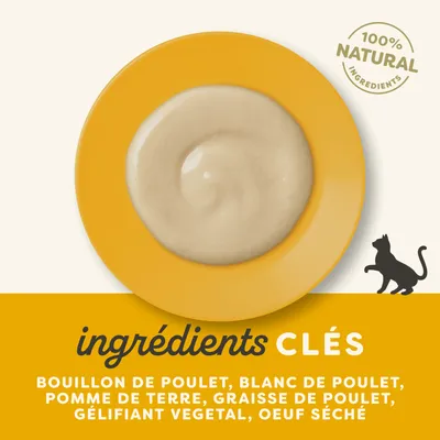 Ingrédients clés : bouillon de poulet, blanc de poulet, pomme de terre, graisse de poulet, gélifiant végétal, œuf séché. Mention 100% natural ingredients en anglais.