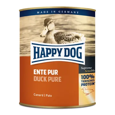 Happy Dog ENTE PUR DUCK PURE konzerv, 100% tierisches Protein, Supreme Sensible, Made in Germany felirattal, kacsás kutyaeledel csomagolása látható.