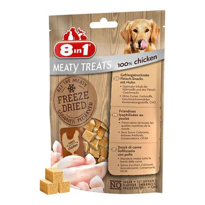 Συσκευασία 8in1 Meaty Treats 100% chicken, λυοφιλοποιημένες λιχουδιές με κοτόπουλο. Εμφανίζονται κύβοι προϊόντος, εικόνα σκύλου και κείμενο για απουσία ζάχαρης, χρωστικών, συντηρητικών, ΓΤΟ.