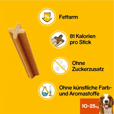 Текст на немецком: Fettarm, 81 Kalorien pro Stick, Ohne Zuckerzusatz, Ohne künstliche Farb- und Aromastoffe. Для собак 10–25 кг. Изображён жевательный стик.