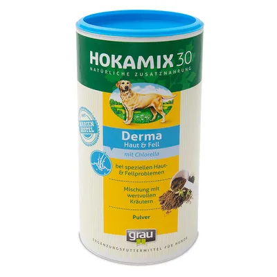 HOKAMIX 30 Derma Haut & Fell s chlorellou, doplňkové krmivo pro psy. Směs s cennými bylinami pro speciální kožní a srstní problémy. Prášek s ostropestřcem.