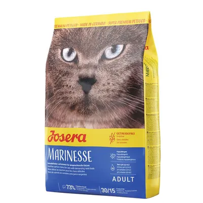 Josera Marinesse, getreidefreies Trockenfutter für anspruchsvolle Katzen. Hypoallergen, pH-Wert 6.0-6.5, 73% tierisches Protein. Made in Germany.