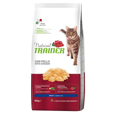 Natural Trainer kattenvoer met kip, rode biet en cichorei, cranberry-extract. Made in Italy, zonder kleurstoffen, conserveermiddelen en toegevoegde suikers. Voor volwassen katten vanaf 1 jaar, 10kg.