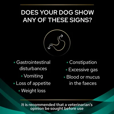 Signs listed: gastrointestinal disturbances, vomiting, loss of appetite, weight loss, constipation, excessive gas, blood or mucus in faeces. Veterinary advice recommended before use.