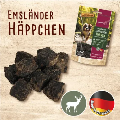 Emsländer Bidder med hjort, kornfri, monoprotein, 100% naturlige ingredienser, nænsomt lufttørret, Made in Germany. Afbildet: Produktstykker og emballage. Emsländer Bidder med hjort, kornfri, monoprotein, 100% naturlige ingredienser, nænsomt lufttørret, Made in Germany. Afbildet: Produktstykker og emballage.