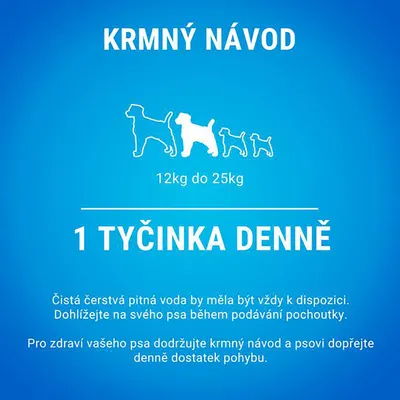 Krmný návod pro psy 12–25 kg: 1 tyčinka denně. Doporučení k pitné vodě, dohledu při podávání a dostatku pohybu uvedena dole.
