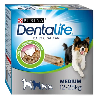 Purina Dentalife Daily Oral Care, confezione con immagine di cane, bastoncino dentale e testo: chewy porous texture, medium 12–25 kg.