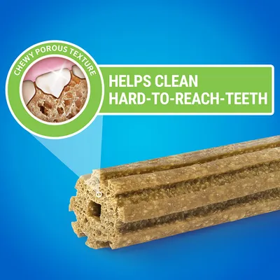 Chewy porous texture treat shown with diagram highlighting that it helps clean hard-to-reach teeth.