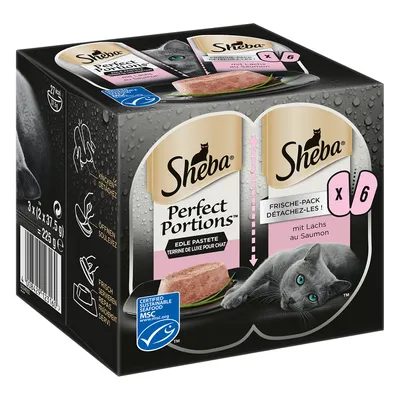 Sheba Perfect Portions Edle Pastete, 6×37,5 g, s lososom. Certifikát MSC. Obrázok mačky a paštéty na obale. Viditeľné pokyny na oddelenie porcií.