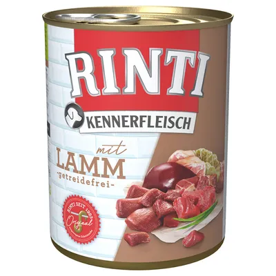 RINTI Kennerfleisch mit Lamm, getreidefrei. Dåse med billede af lammekød og indmad. Tekst: RINTI SEIT 1983 Original.