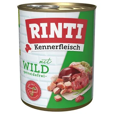 RINTI Kennerfleisch mit Wild, getreidefrei. Blik met afbeelding van vleesblokjes en zegel: Rinti seit 1983 Original. Tekst deels in het Duits.