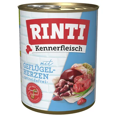 Rinti Kennerfleisch s drůbežími srdci, bez obilovin. Rinti od roku 1983 Original.