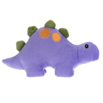 Vijolična plišasta igrača dinozaver z zelenimi bodicami in oranžnimi pikami, primerna za hišne ljubljenčke.