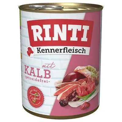 RINTI Kennerfleisch mit Kalb, getreidefrei. Afbeelding van vleesstukken op het etiket. Rood-witte verpakking met zichtbaar merk en productnaam.