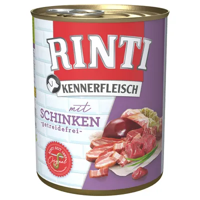 RINTI Kennerfleisch mit Schinken, getreidefrei. Dåse med billede af kød og skinke på etiketten. RINTI seit 1983 Original står synligt på forsiden.