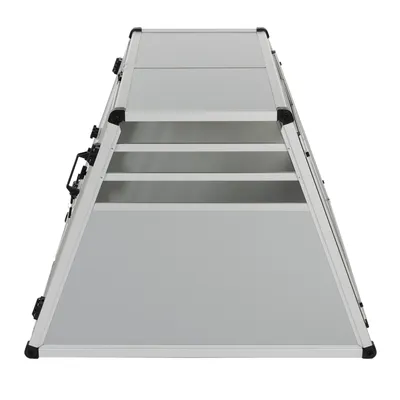 Vista frontale di un trasportino per animali in metallo e pannelli grigi, con struttura trapezoidale e barre orizzontali. Maniglie laterali visibili.