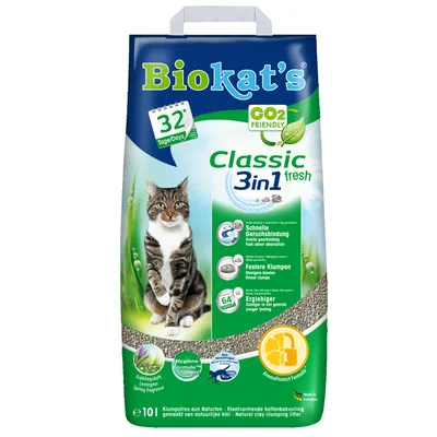 Biokat's Classic 3in1 fresh, arena para gatos, 32 días, CO2 Friendly, aroma a primavera, fórmula higiénica, AromaProtect Formula, envase de 10 l. Texto en alemán e inglés visible.