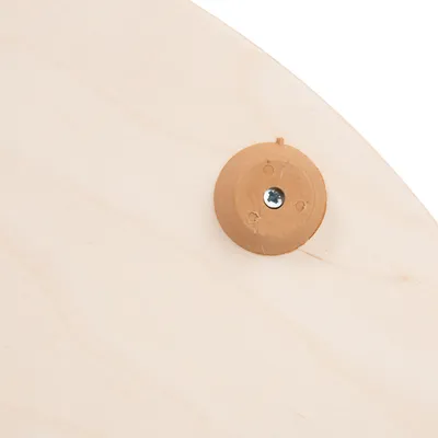Zbliżenie na drewnianą powierzchnię z widoczną okrągłą, brązową podkładką i śrubą mocującą.