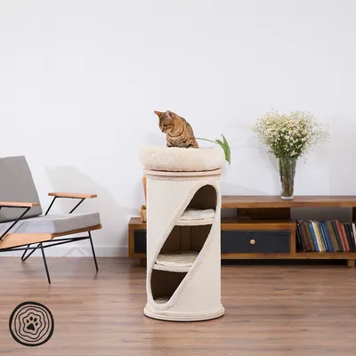 Kratzbaum mit drei Ebenen, beige Stoffbezug und gepolsterter Liegefläche oben. Bengal-Katze sitzt auf der oberen Plattform.