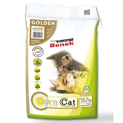 Super Benek Golden natural corn cat litter, 15,7 kg, kapacitet 25 l, GMO free, clumping, zbrljavajuće, na slici dvije mačke. Vidljiv tekst: Corn Cat Litter.