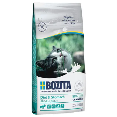 Bozita Diet & Stomach корм для кошек с лосем, 88% животного белка, без зерна, 2 кг. Swedish Natural Quality, произведено в Vårgårda с 1903 года.