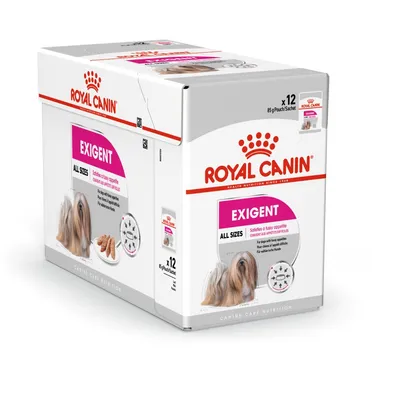 Balení Royal Canin Exigent All Sizes, 12×85g kapsiček. Na obalu obrázek psa a krmiva, text: 'Satisfies a fussy appetite'. Pro psy všech velikostí.