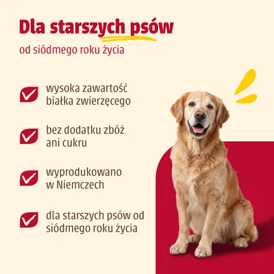 Dla starszych psów od siódmego roku życia, wysoka zawartość białka zwierzęcego, bez zboża i cukru, wyprodukowane w Niemczech. Dla starszych psów od siódmego roku życia, wysoka zawartość białka zwierzęcego, bez zboża i cukru, wyprodukowane w Niemczech.