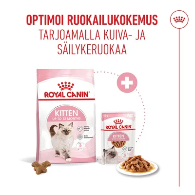 Royal Canin Kitten jopa 12 kuukautta, kuiva- ja märkäruoka, Huomautus: Optimaalinen ruokinta yhdistämällä kuivaruoka ja märkäruoka. Royal Canin Kitten jopa 12 kuukautta, kuiva- ja märkäruoka, Huomautus: Optimaalinen ruokinta yhdistämällä kuivaruoka ja märkäruoka.
