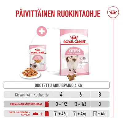 Ruokintataulukko Royal Canin Kittenille, enintään 12 kuukautta, suositellut märkä- ja kuivaruokamäärät kissan iän mukaan kuukausissa, kun odotettu aikuispaino on 4 kg.