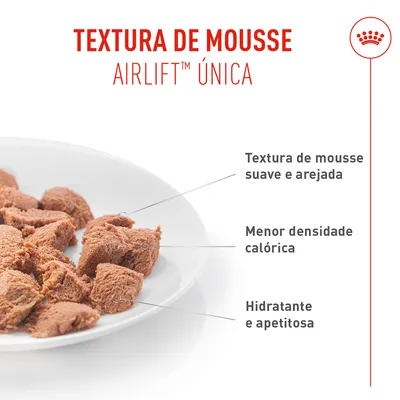 Textura de mousse, Airlift única. Mousse com textura suave e arejada, menor densidade calórica, hidratante e apetitosa.