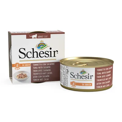Schesir Adult Cat tonno con salmone in salsa, lattina da 70g e confezione, senza cereali.