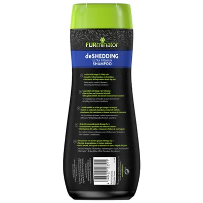 FURminator deShedding Ultra Premium Shampoo, angereichert mit Omega-3 und -6 Fettsäuren, ohne Parabene oder chemische Farbstoffe, für beste Ergebnisse mit FURminator Conditioner verwenden.